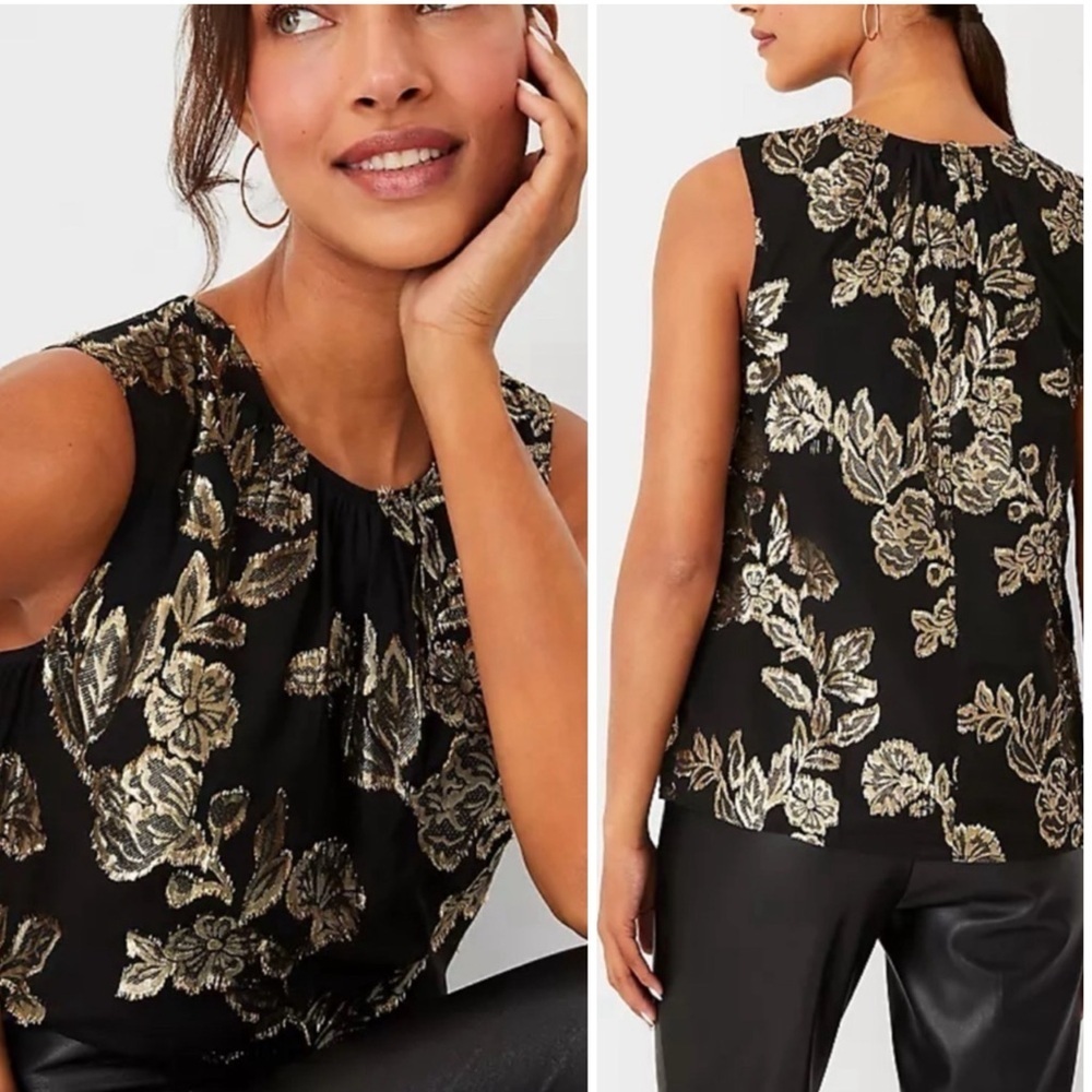 Ann Taylor Floral Jacquard Shirred Tank, black and gold, lined,  size S